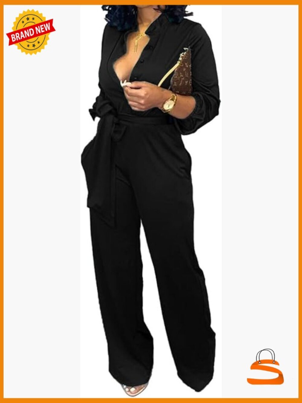 Elegant V-Neck Long Sleeve Jumpsuit with Pockets Belt Work Casual